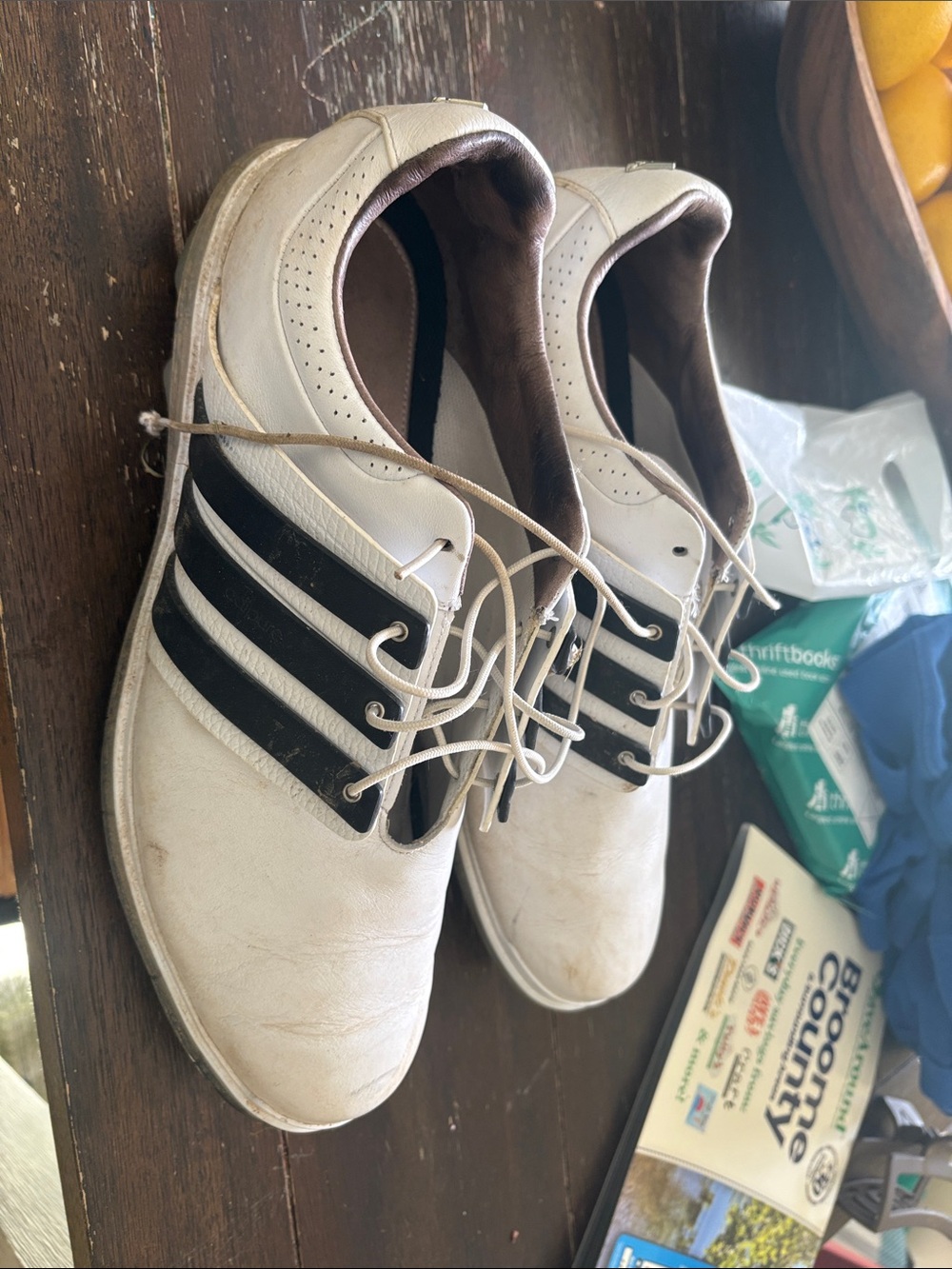 adidas Men’s White Leather Sneakers with Black Stripes
